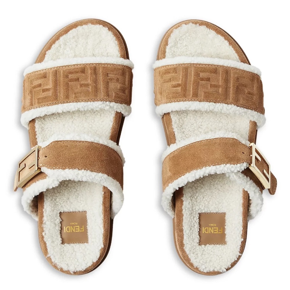 Fendi Feel Slide Shearling Fur Lined Bronze Monogram Logo Mule Flat Sandal 37.5 - Picture 7 of 16